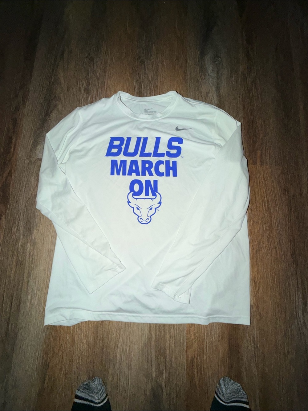 Nike White Long-Sleeve 'Bulls March On' Crew Tee with Blue Graphic